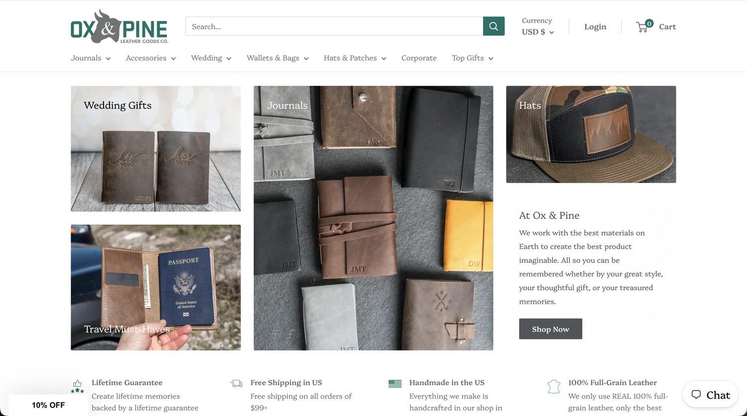 Ox & Pine website featuring its personalized leather goods