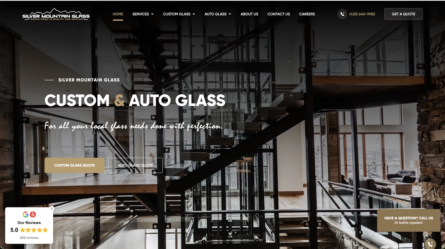Silver Mountain Glass website with custom-glass and auto-glass quote options