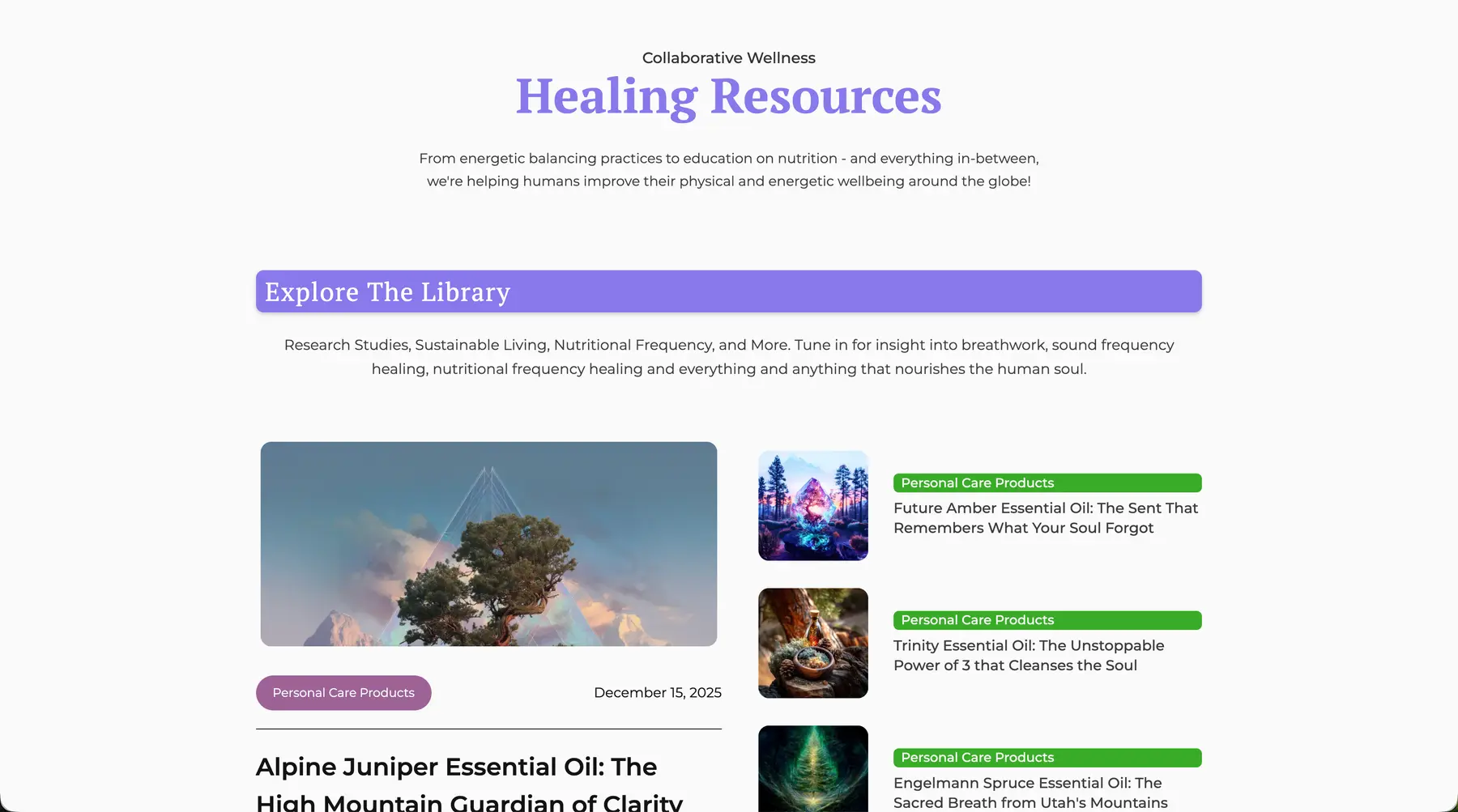Synergistic Wellness website showing Healing Resources and Explore the Library
