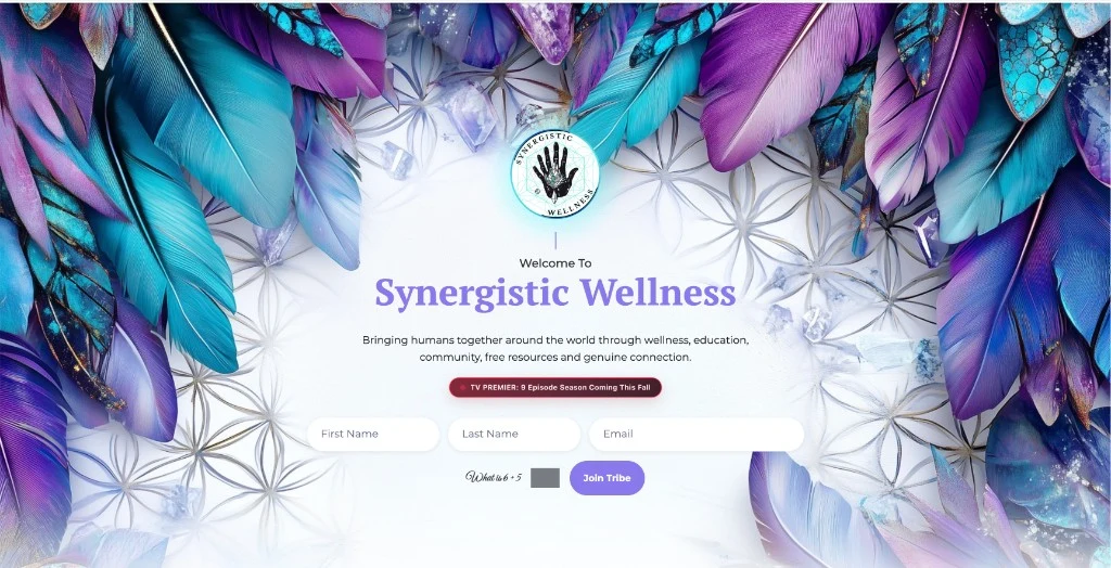 Synergistic Wellness homepage with its turquoise and purple brand identity